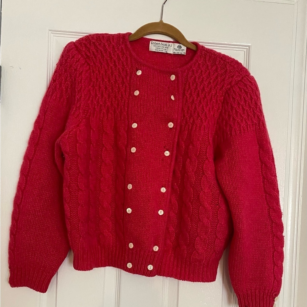 Vintage Robert Scott Ltd Pink Shetland Wool Cardigan Sz L CableKnit Sweater